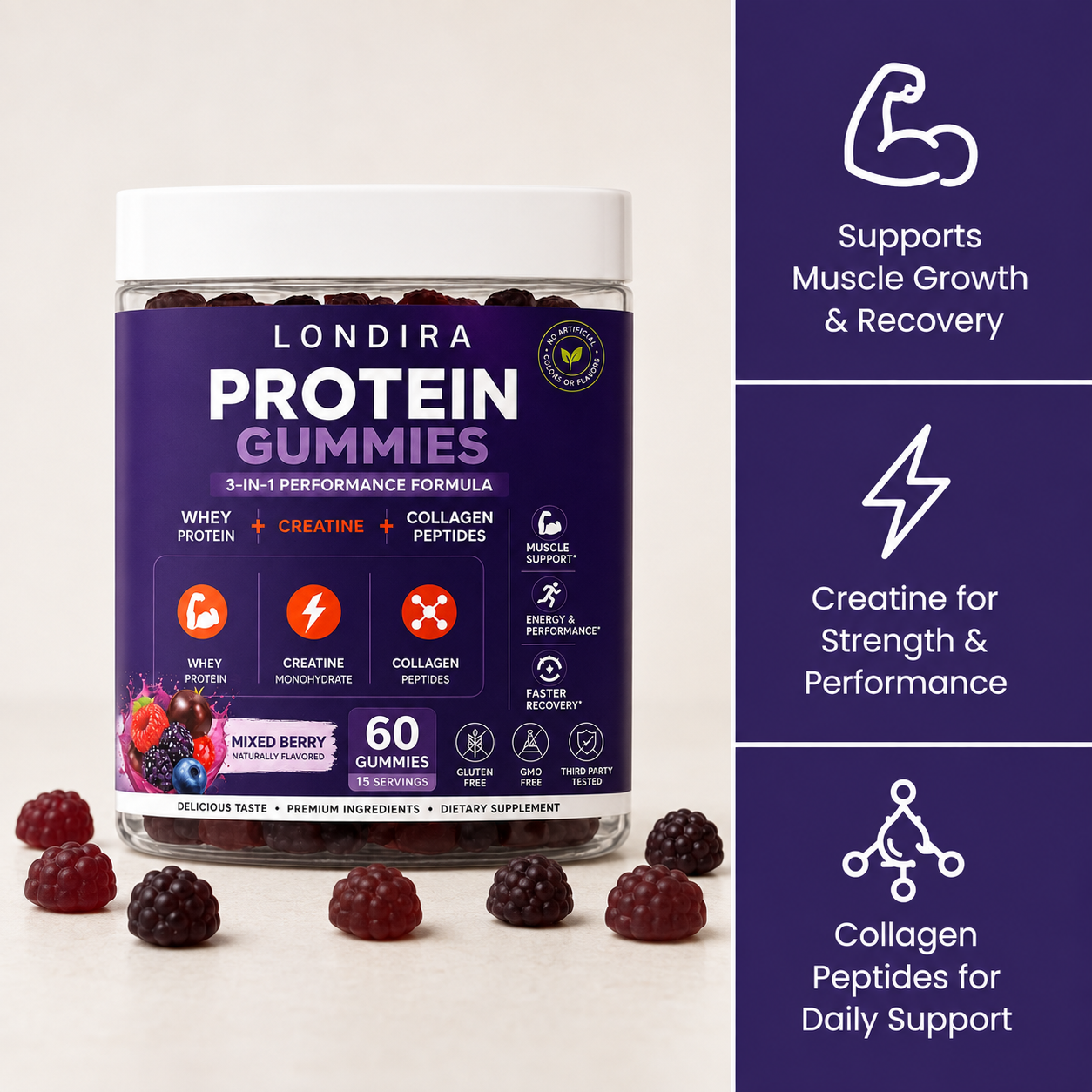 Londira 3-in-1 whey protein gummies jar with mixed berry gummies