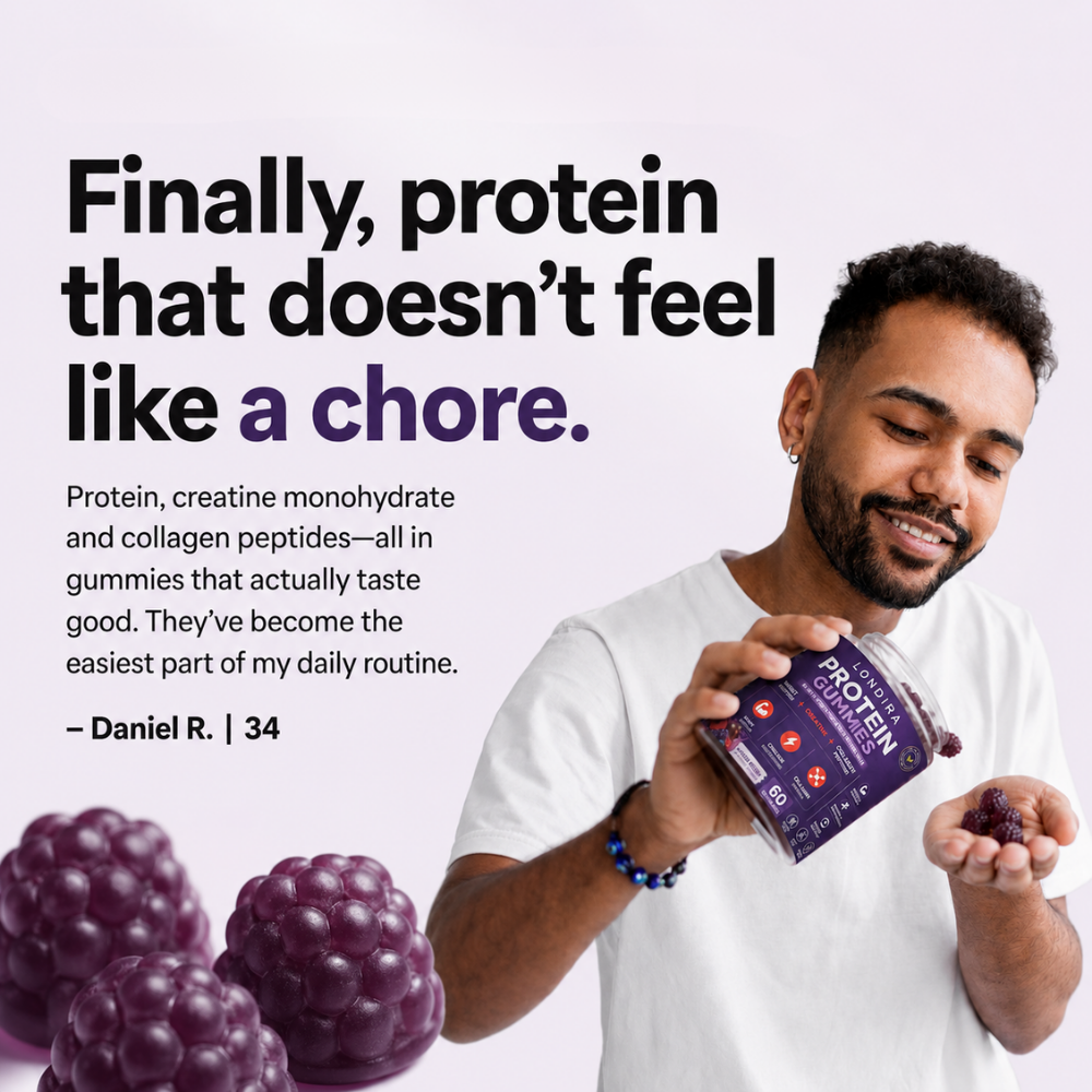 Customer holding Londira protein gummies with a review quote