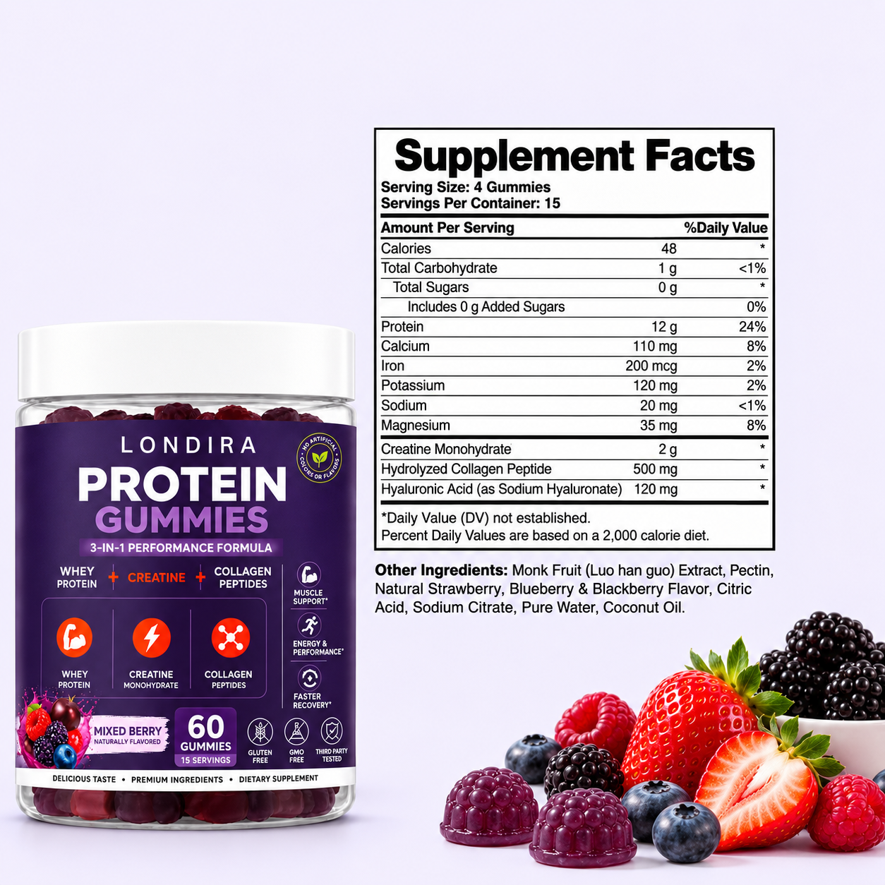 Supplement facts label for Londira 3-in-1 whey protein gummies