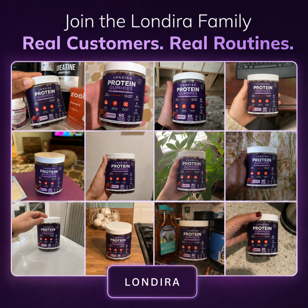 Grid of real customer photos with Londira protein gummies