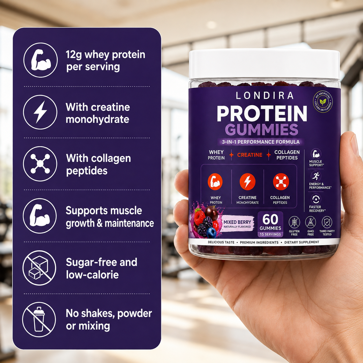 Hand holding a jar of Londira protein gummies in the gym